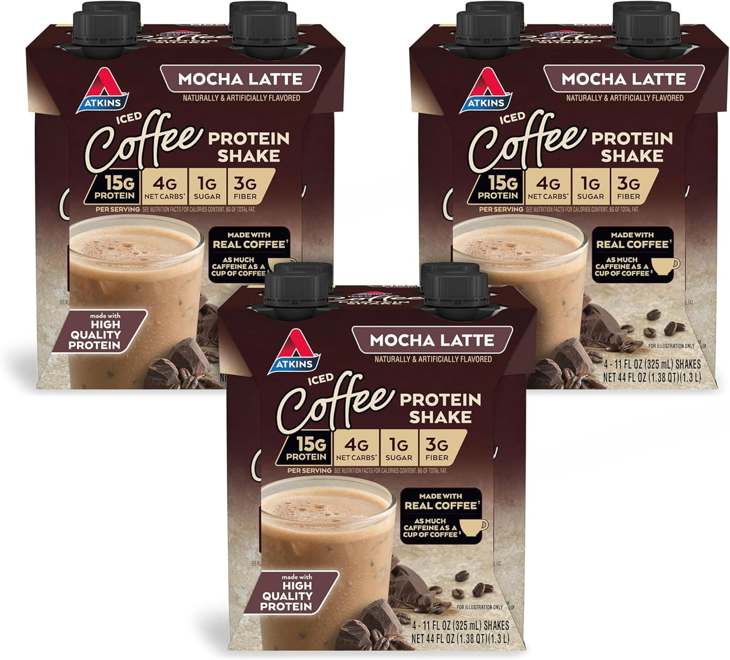 Atkins Mocha Latte Iced Coffee Protein Shake, 15g Protein, Low Glycemic, 4g Net Carb, 1g Sugar, Keto Friendly, 11fl.oz., 12-pack