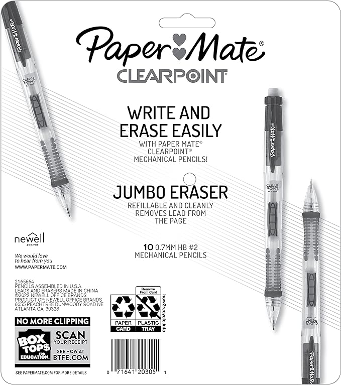 Paper Mate Clearpoint Mechanical Pencils 0.7mm, HB #2 Pencil Lead, 2 Pencils, School Supplies, Teacher Supplies, Drawing Pencils, Sketching Pencils, Assorted Barrel Colors, 10 Count