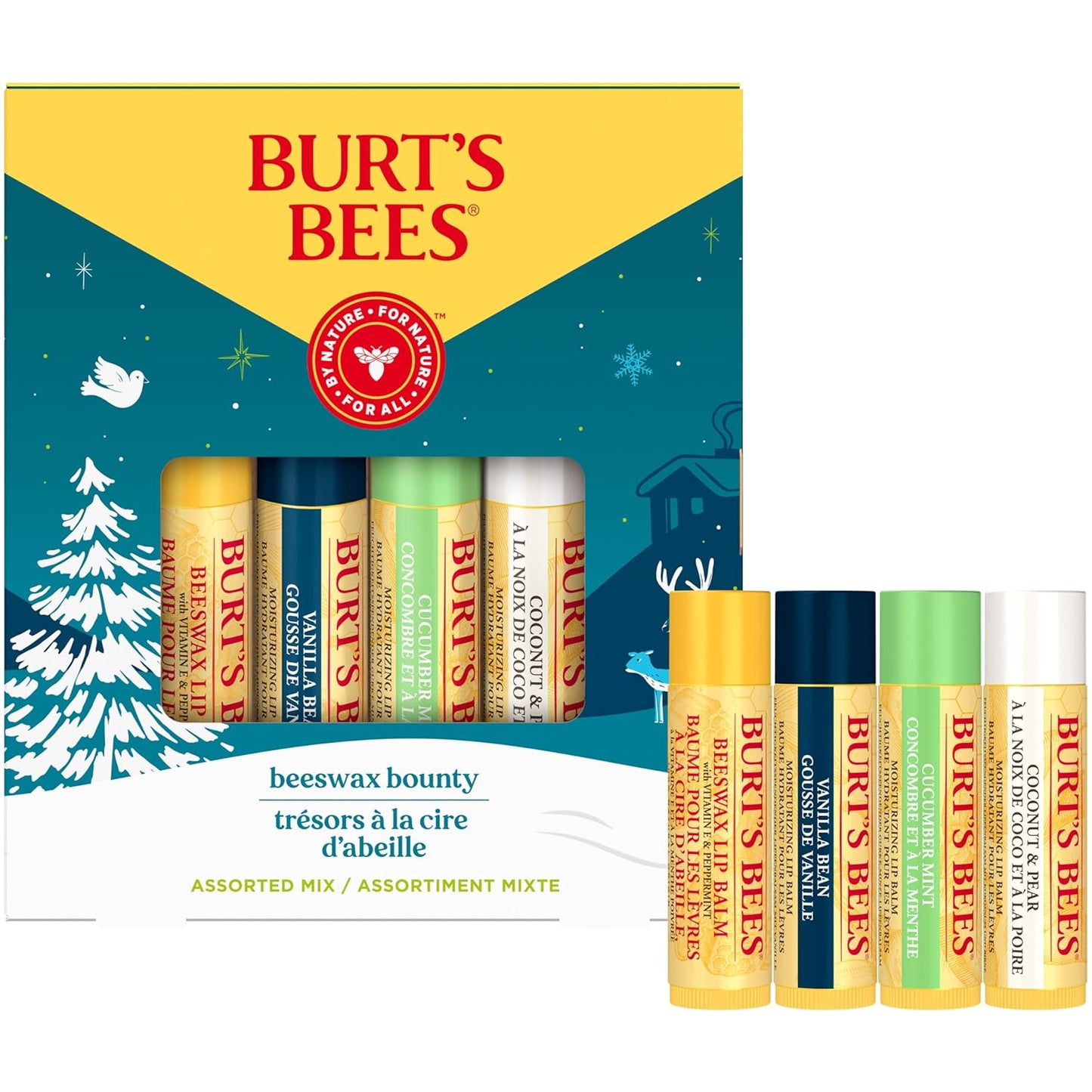 Burt's Bees Christmas Gifts, 4 Lip Balm Stocking Stuffers Products, Assorted Mix Set - Classic Beeswax, Vanilla, Cucumber Mint & Coconut and Pear (4-Pack)