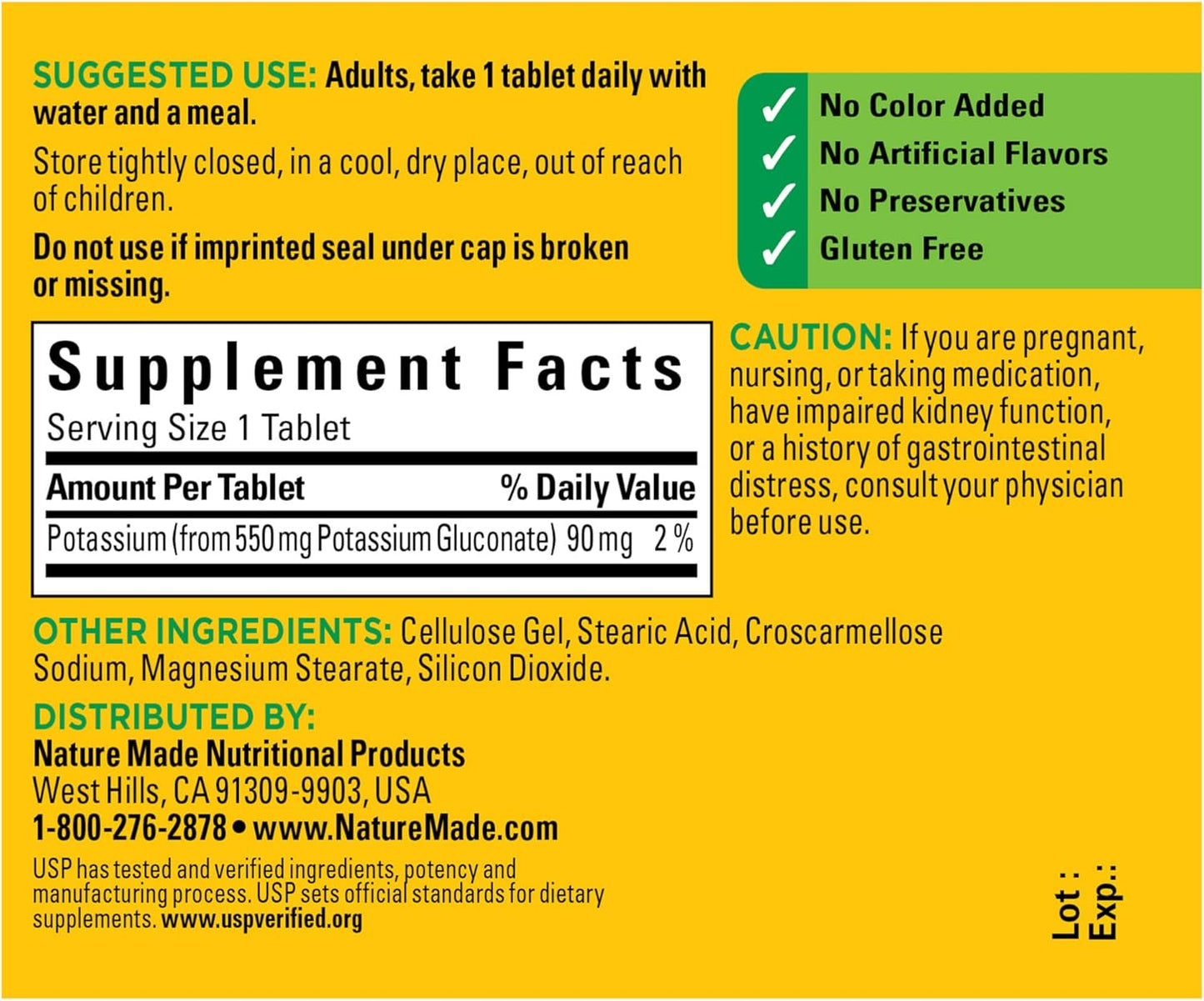 Nature Made Potassium Gluconate 550 mg, Dietary Supplement for Heart Health Support, 100 Tablets, 100 Day Supply