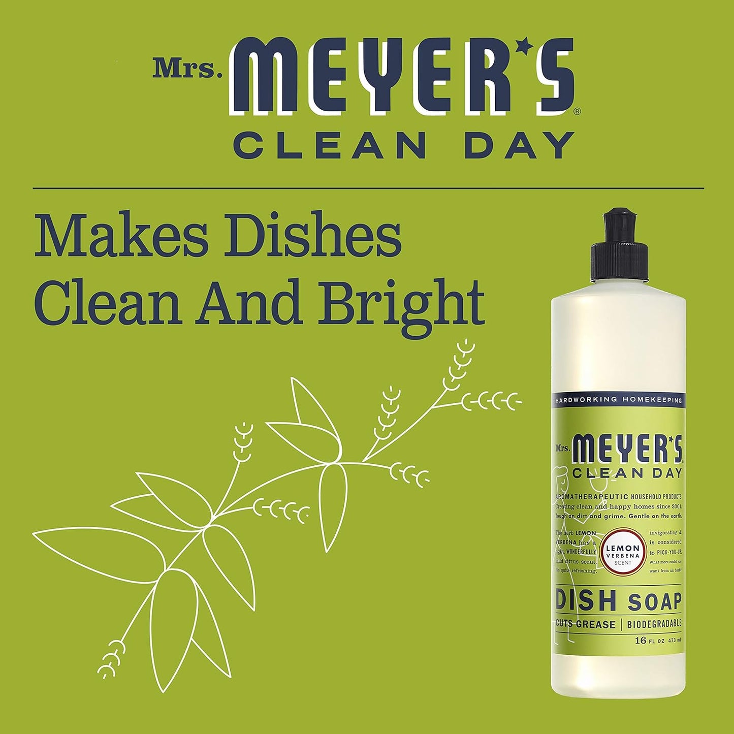 MRS. MEYER'S CLEAN DAY Liquid Dish Soap, Biodegradable Formula, Lemon Verbena, 16 fl. oz - Pack of 3