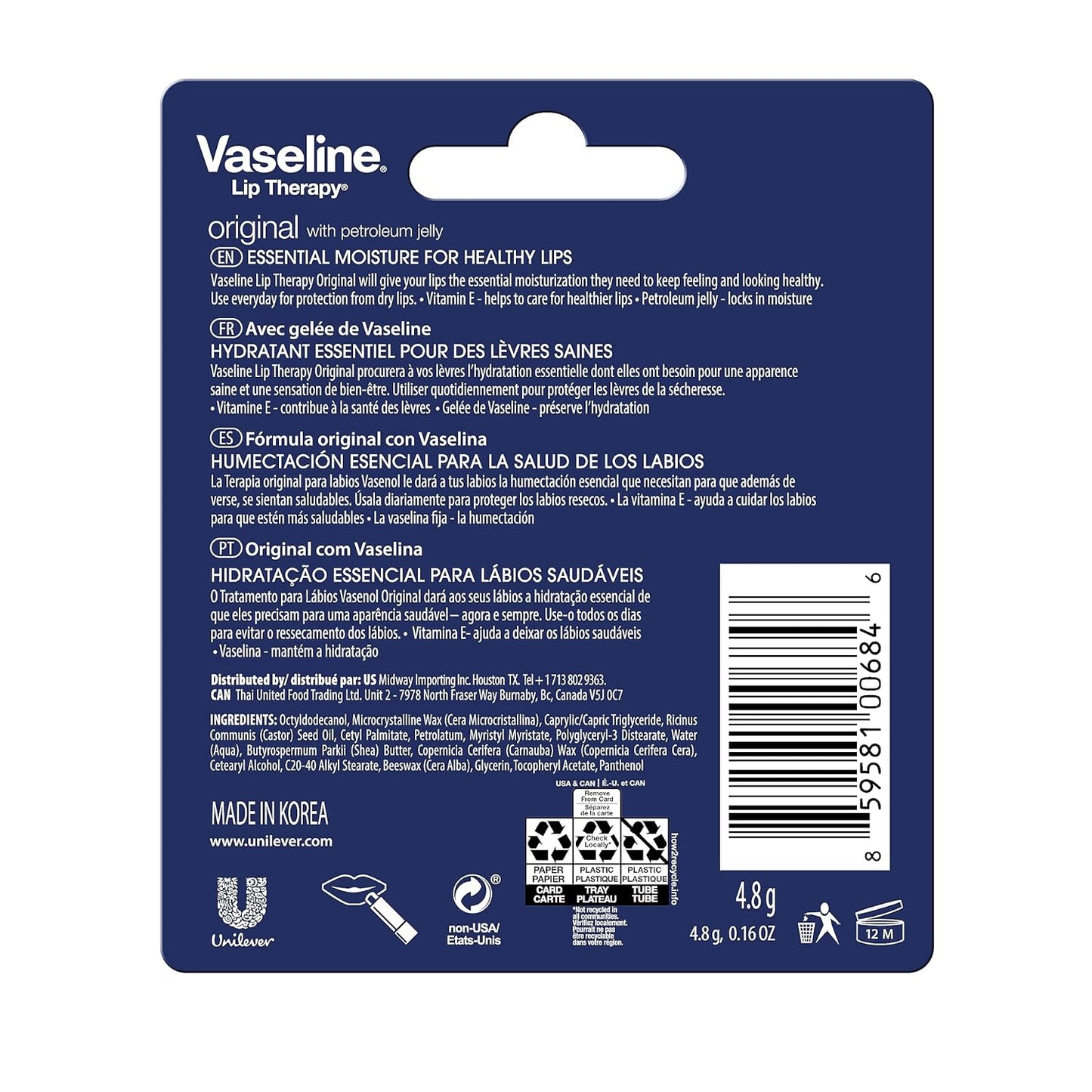Vaseline Lip Therapy Care Original, Fast-Acting Nourishment, Ideal for Chapped, Dry, Cracked, or Damaged Lips, Lip Balm, 0.16 Ounce (Pack of 4)