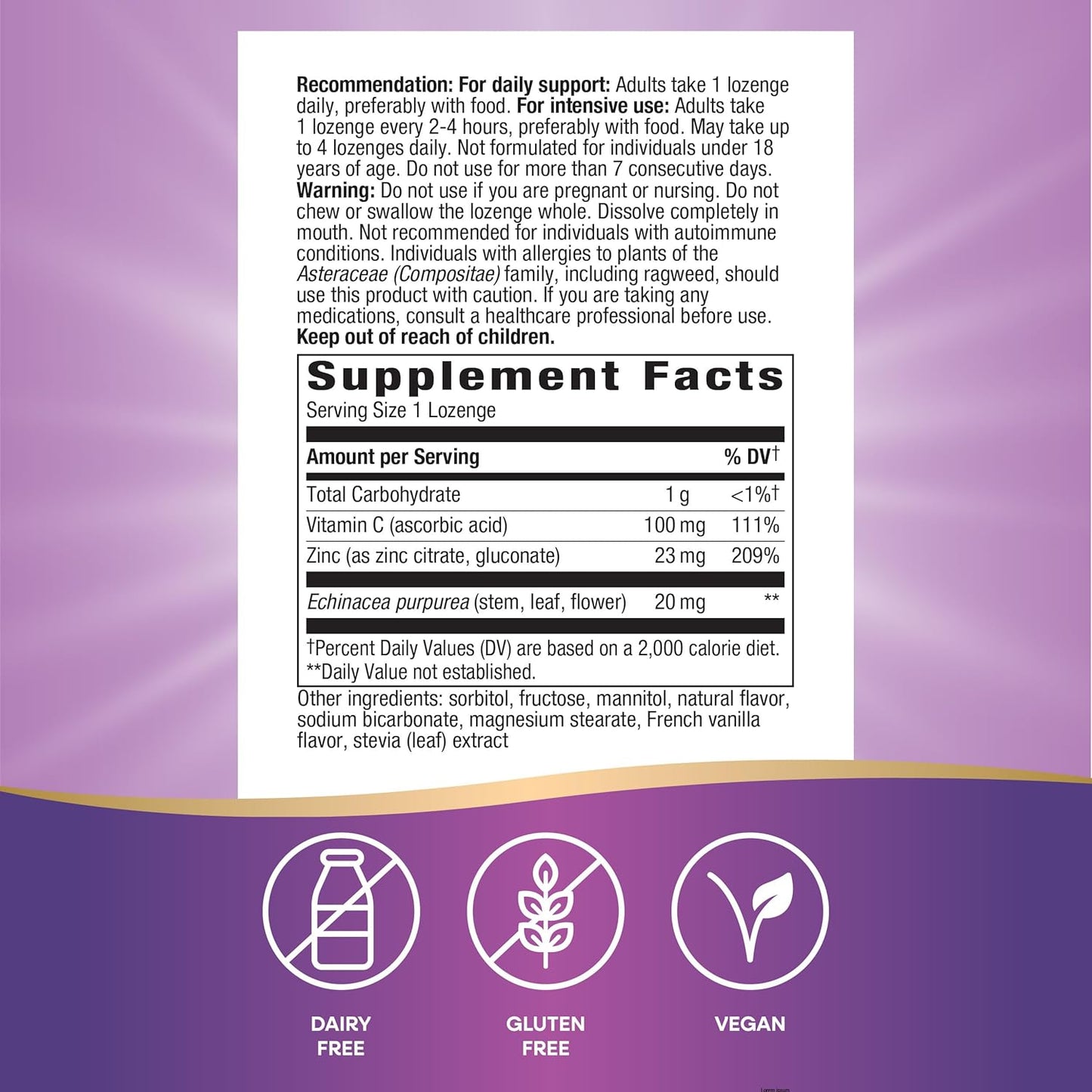 Nature's Way Zinc Lozenges with Vitamin C & Echinacea, Immune Support*, 23 mg of Zinc & 100 mg of Vitamin C per Serving, Wild Berry Flavored, 60 Lozenges (Packaging May Vary)