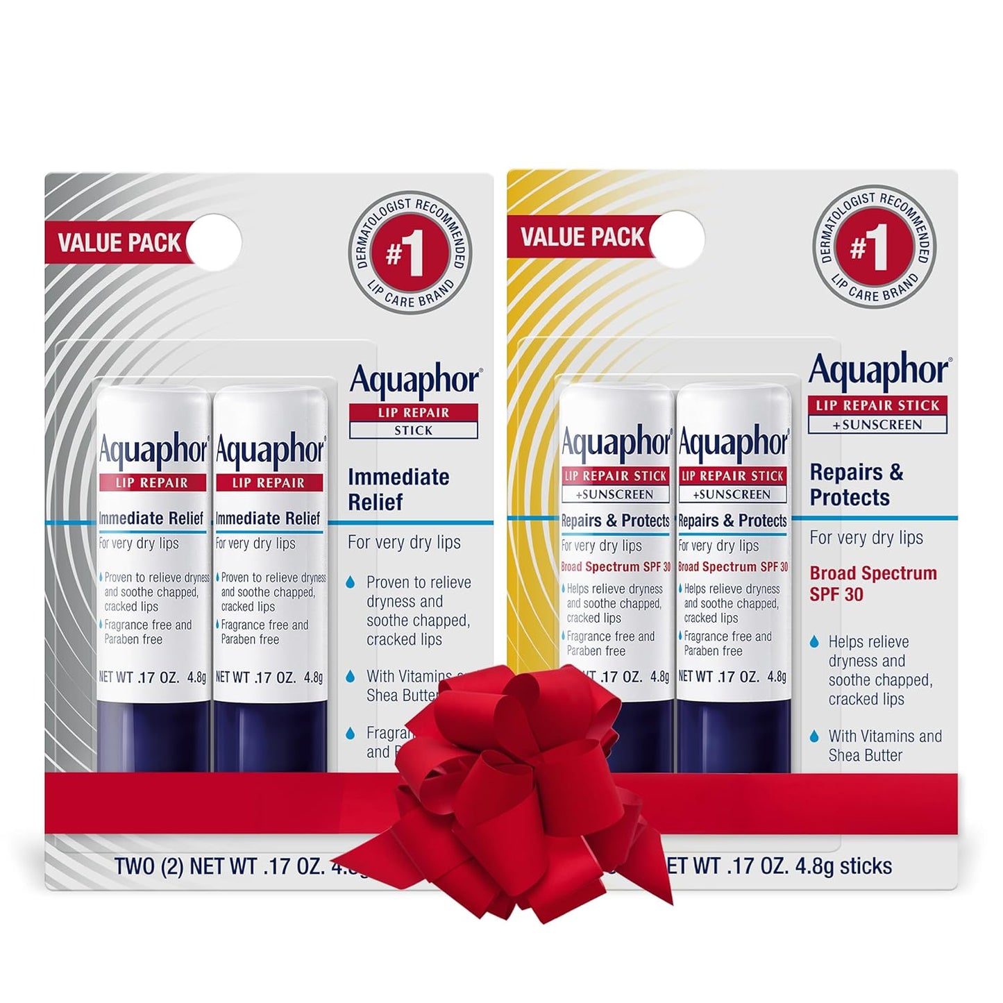 Aquaphor Lip Repair Lip Balm Set, Lip Repair Stick, 0.17 Oz (Pack of 2) + Lip Repair and Protect Stick, Lip Balm with Sunscreen SPF 30, 0.17 Oz (Pack of 2), Holiday Gifts for Self Care