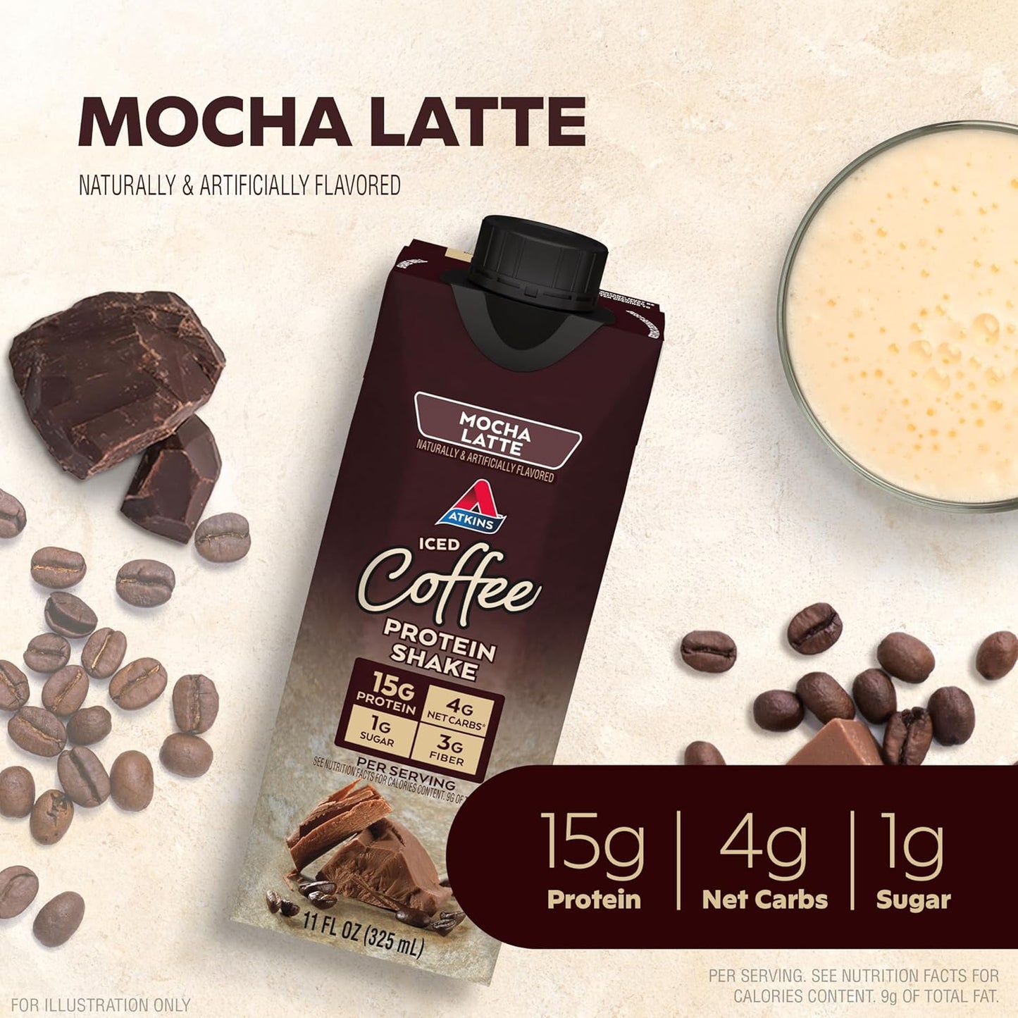 Atkins Mocha Latte Iced Coffee Protein Shake, 15g Protein, Low Glycemic, 4g Net Carb, 1g Sugar, Keto Friendly, 11fl.oz., 12-pack