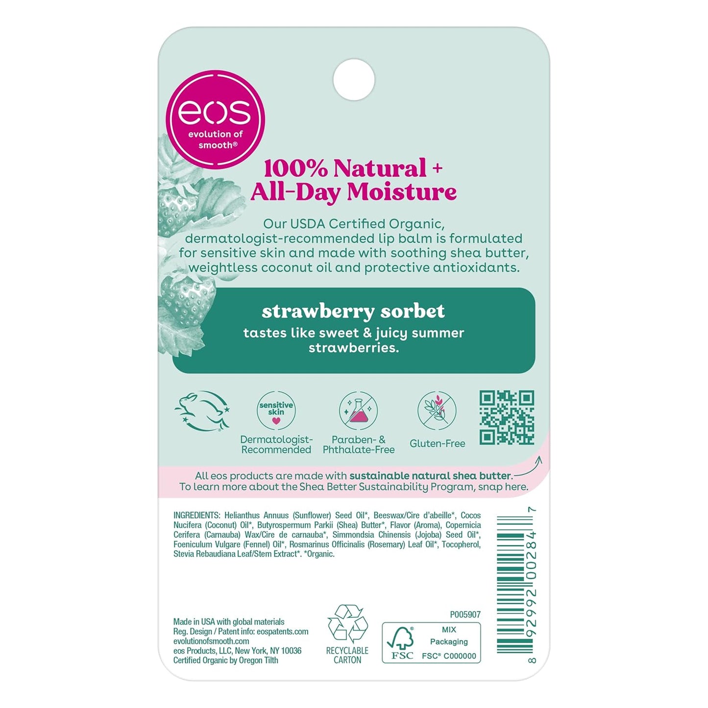 eos 100% Natural & Organic Lip Balm- Strawberry Sorbet, All-Day Moisture, Dermatologist Recommended for Sensitive Skin, Lip Care Products, 0.25 oz