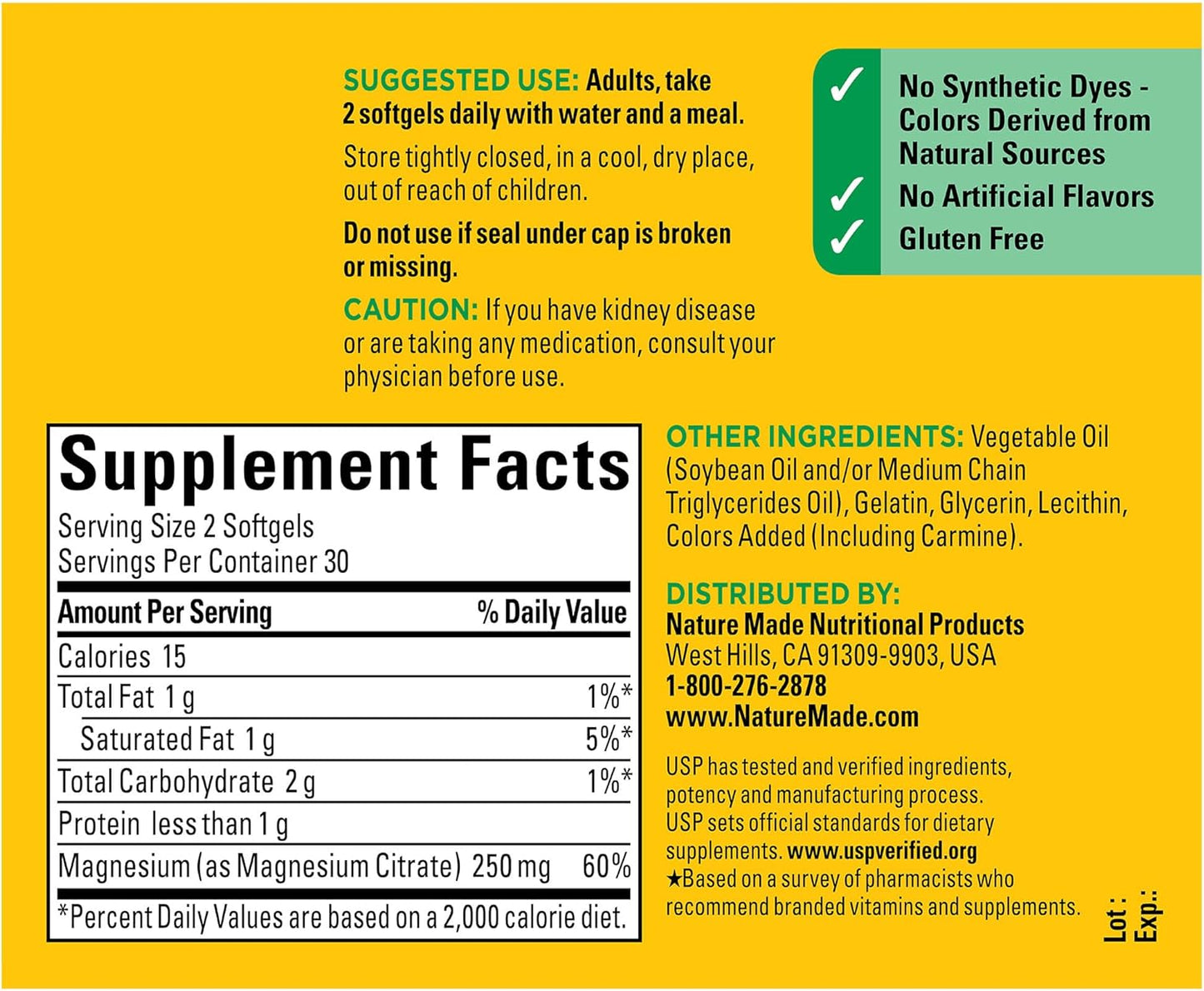 Nature Made Magnesium Citrate 250 mg per serving, Magnesium Supplement for Muscle, Nerve, Bone and Heart Support, 60 Softgels, 30 Day Supply