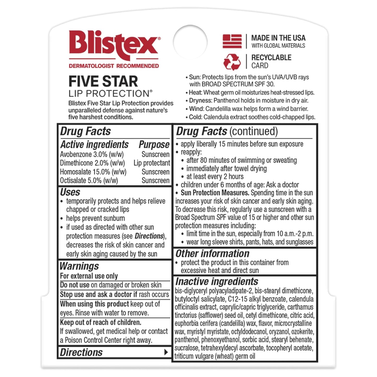 Blistex Five Star Lip Protection Balm, 0.15 Ounce – Wind & Water-Resistant Lip Care, Broad Spectrum SPF 30 Sun Protection, Soothes Cold Chapped Lips, Hydrating Lip Treatment, Holds in Moisture