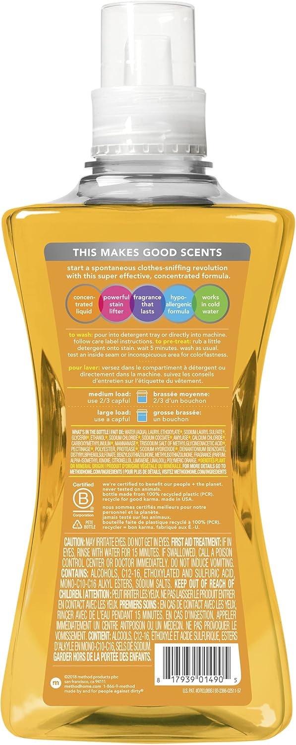 Method Liquid Laundry Detergent, Ginger Mango, 66 Loads Per Bottle, Hypoallergenic + Biodegradable Formula, Plant-Based Stain Remover, 53.5 Fl Oz (Pack of 1)