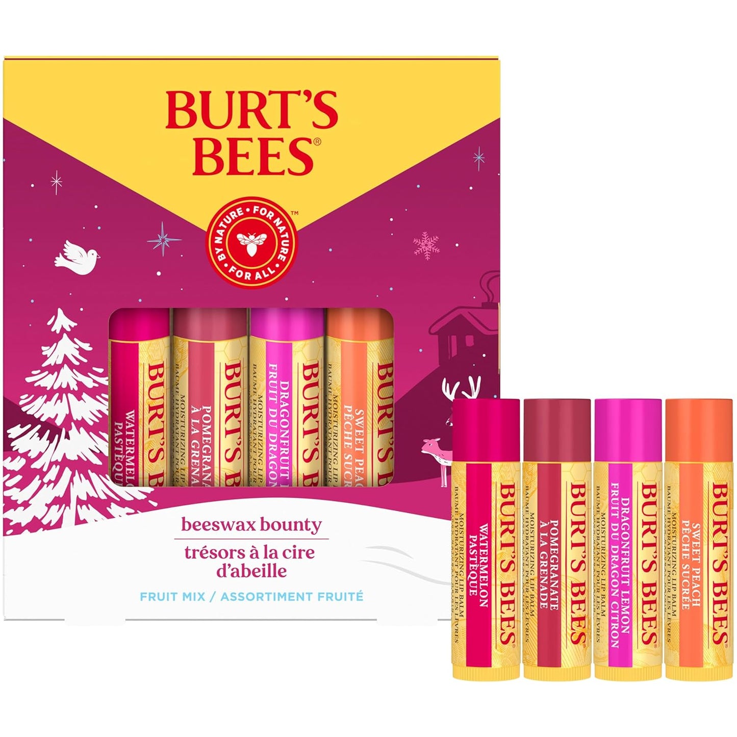 Burt's Bees Christmas Gifts, 4 Lip Balms Stocking Stuffers Products, Beeswax Bounty Fruit Mix - Watermelon, Pomegranate, Dragonfruit Lemon & Sweet Peach (4-Pack)