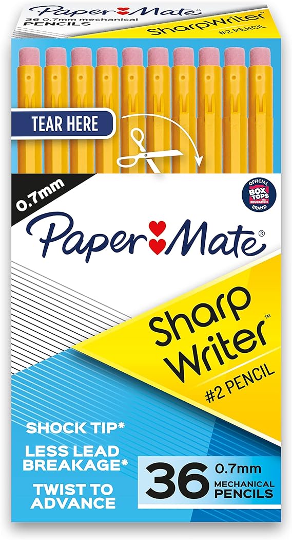 Paper Mate Mechanical Pencils 0.7mm, SharpWriter Pencils #2, Drawing Pencils for Sketching, Drafting Pencil, Classroom Supplies, Yellow, 36 Count