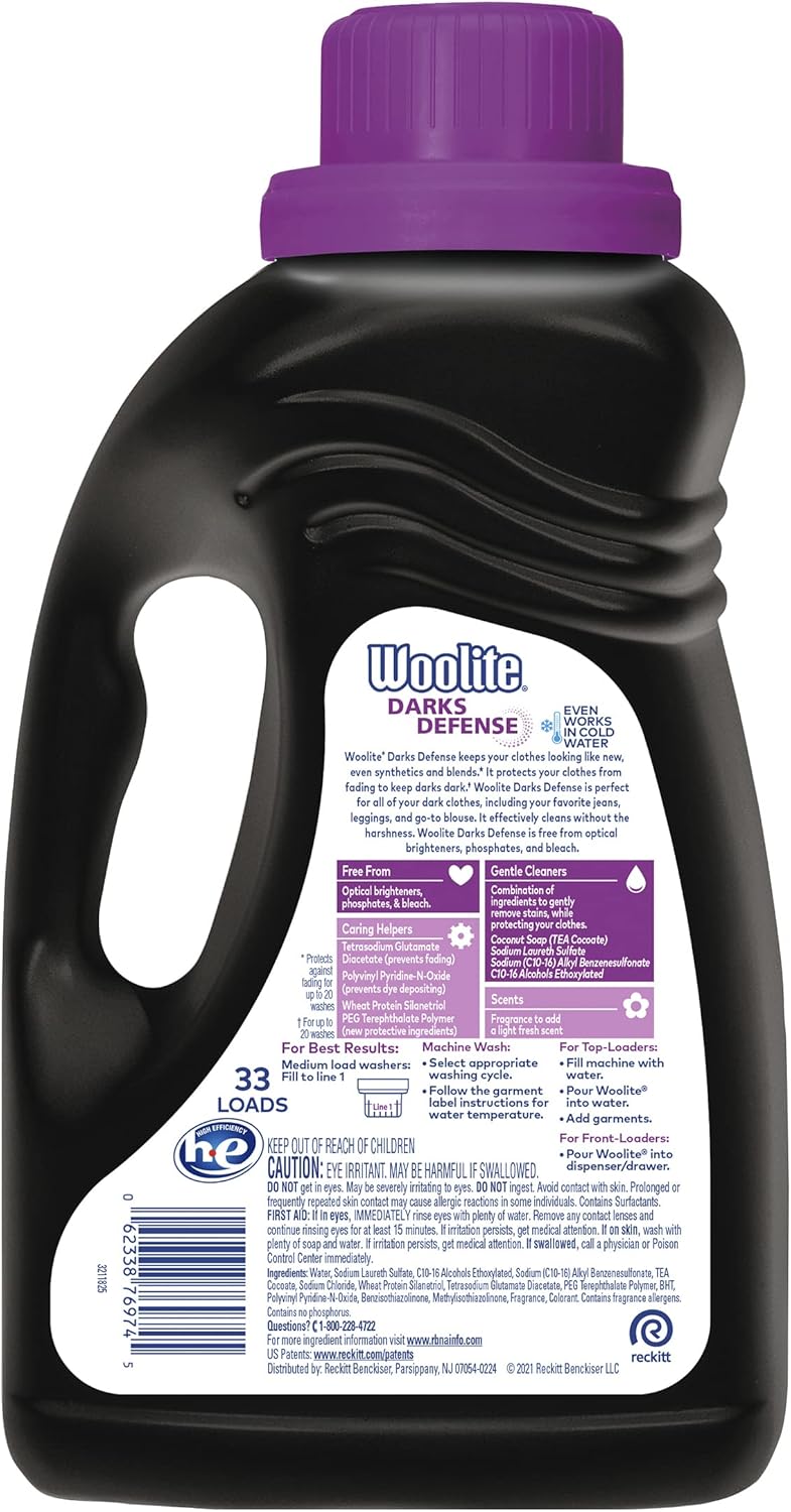 Woolite Darks Defense Liquid Laundry Detergent, Woolite Dark, Laundry Detergent, 33 Loads, 50 Fl Oz, Regular & HE Washers, Packaging May Vary
