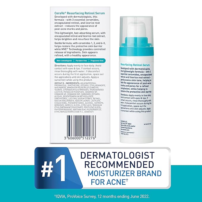 CeraVe Retinol Serum for Post-Acne Marks and Skin Texture | Pore Refining, Resurfacing, Brightening Facial Serum with Retinol and Niacinamide | Fragrance Free, Paraben Free & Non-Comedogenic| 1 Oz