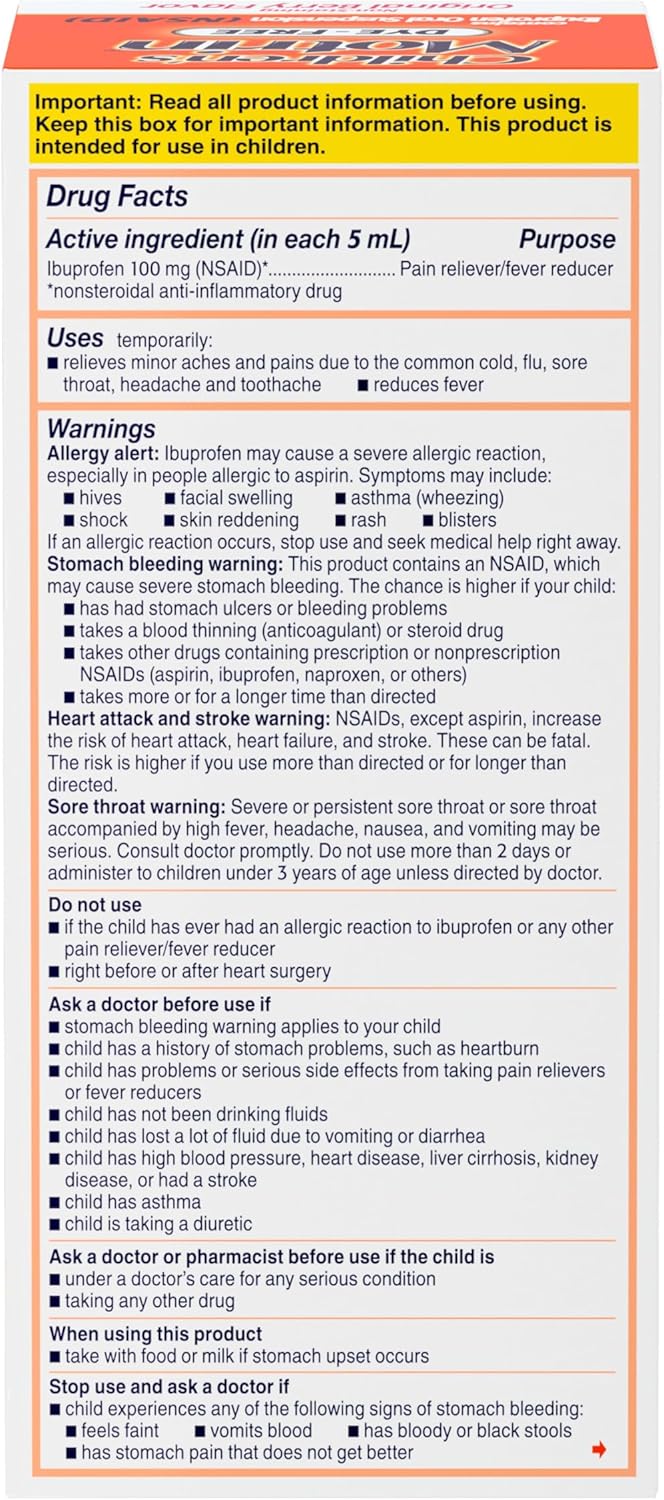 Motrin Children's Oral Suspension 100mg Ibuprofen Medicine, NSAID Fever Reducer & Pain Reliever for Minor Aches & Pains Due to Cold & Flu, Dye Free, Alcohol-Free, Berry Flavored, 8 fl. oz