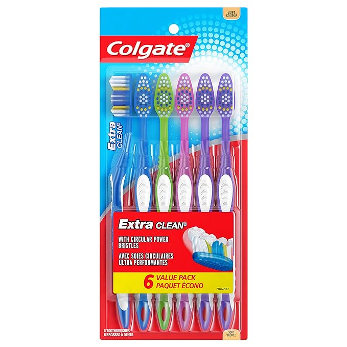Colgate Extra Clean Toothbrush, Soft Toothbrush for Adults, 6 Count (Pack of 1), Packaging May Vary
