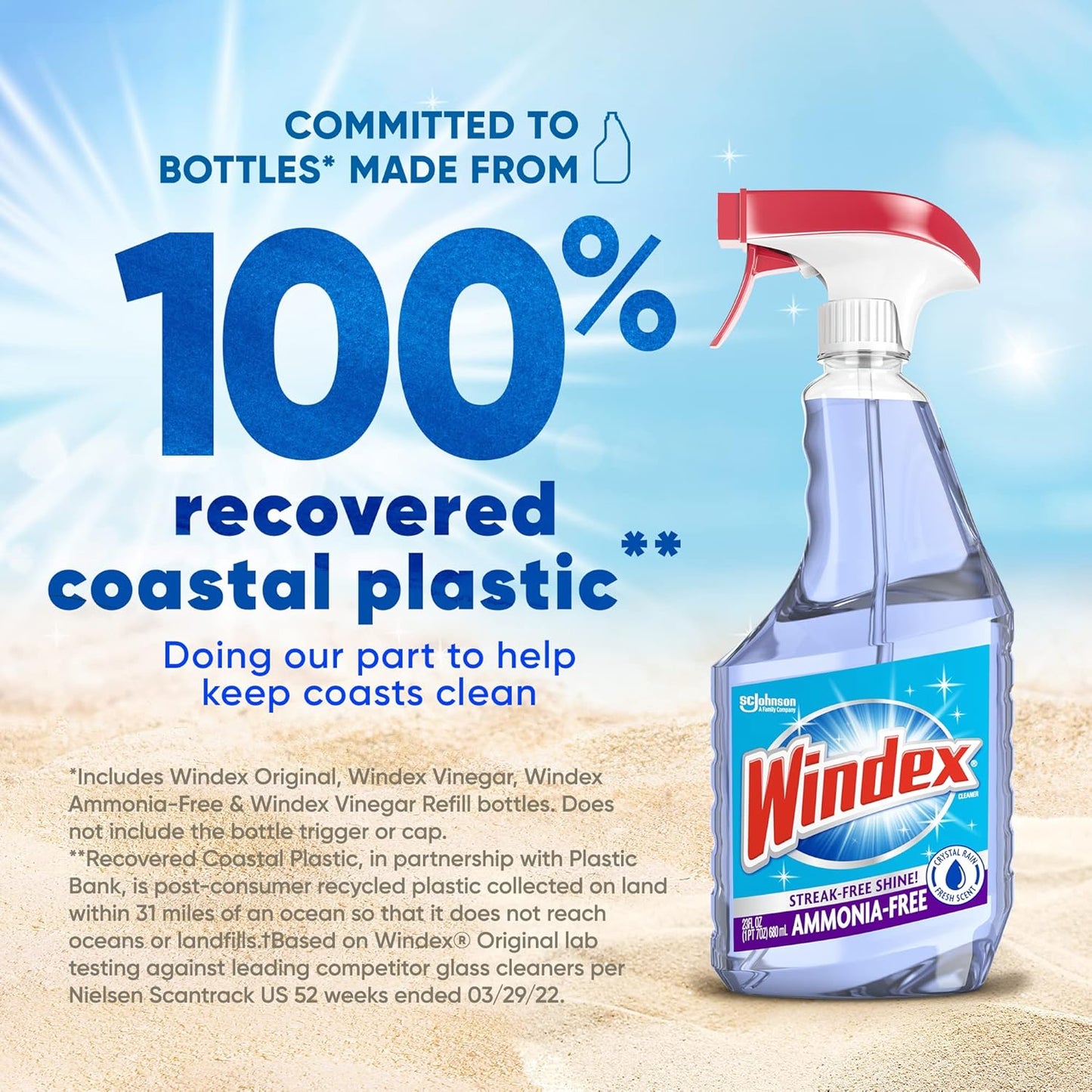 Windex Glass and Window Cleaner Spray Bottle, Ammonia Free, Packaging Designed to Prevent Leakage and Breaking, Surface Cleaning Spray, Crystal Rain Scent, 23 Fl Oz