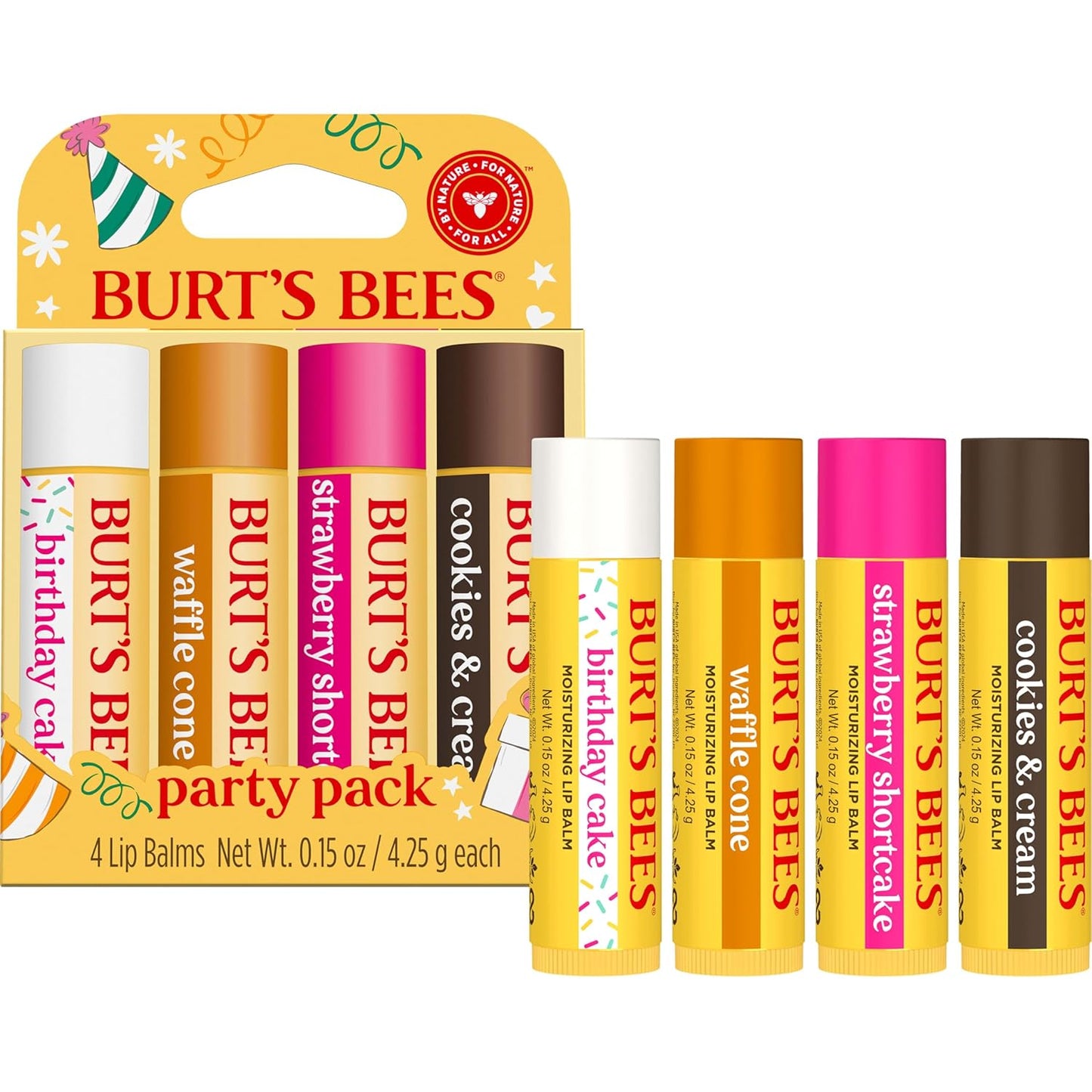Burt's Bees Lip Balm Stocking Stuffers, Party Pack - Birthday Cake, Waffle Cone, Strawberry Shortcake, and Cookies & Cream, All Day Moisturizer, Tint-Free, Natural Origin Treatment (4-Count Pack of 1)