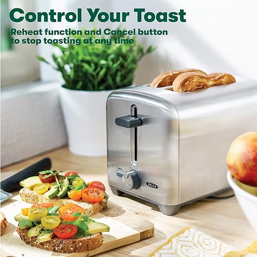 BELLA Stainless Steel 2 Slice Toaster with Extra Wide Slots & Removable Crumb Tray - 6 Browning Options, Auto Shut Off & Reheat Function - Toast Bread, Bagel & Waffle