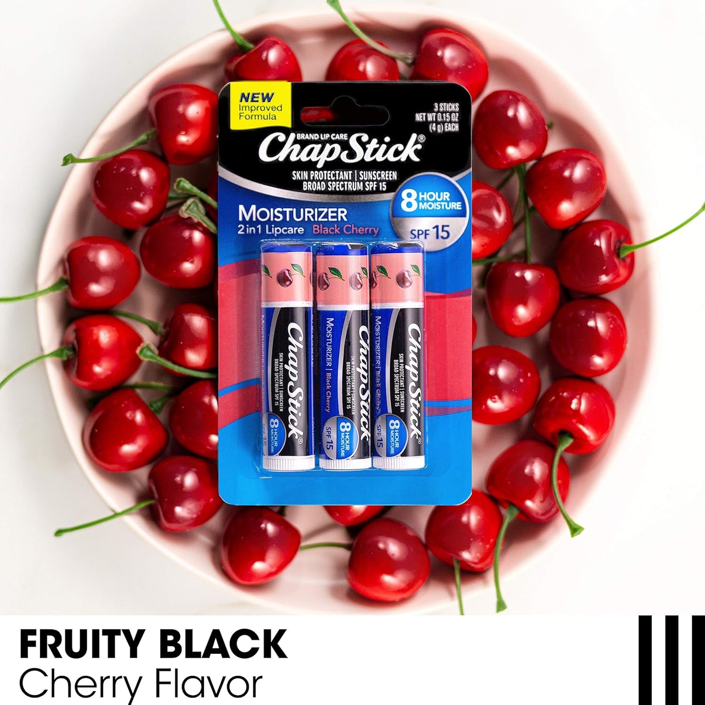 ChapStick Moisturizer 2-in-1 Lipcare SPF 15, Black Cherry, 3-Pack – Sunscreen Lip Balm with Aloe Vera and Vitamin E, 0.15 Oz Ea