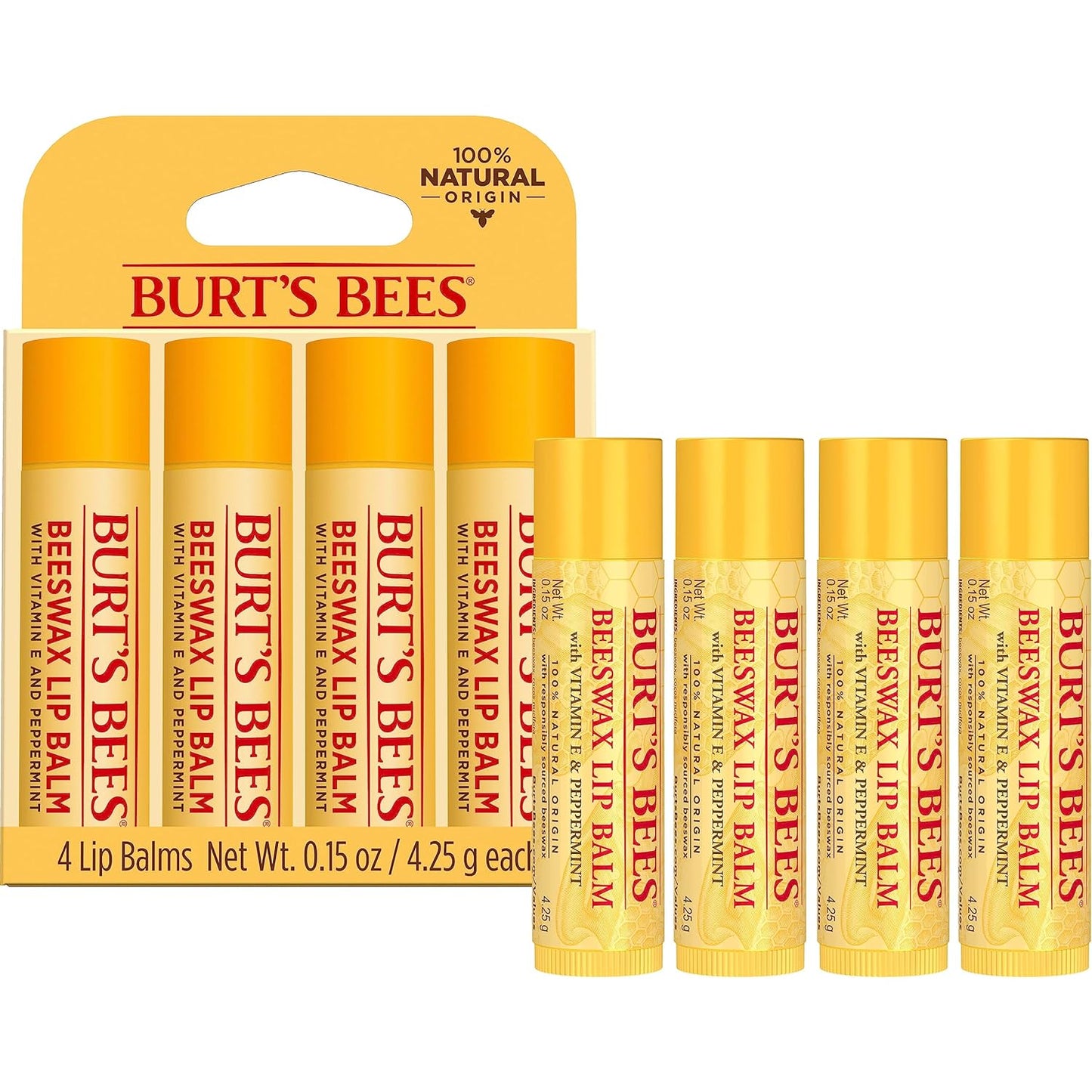 Burt's Bees Lip Balm Stocking Stuffers, Moisturizing Lip Care Christmas Gifts, Original Beeswax with Vitamin E & Peppermint Oil, Natural Origin Lip Care (4-Pack)