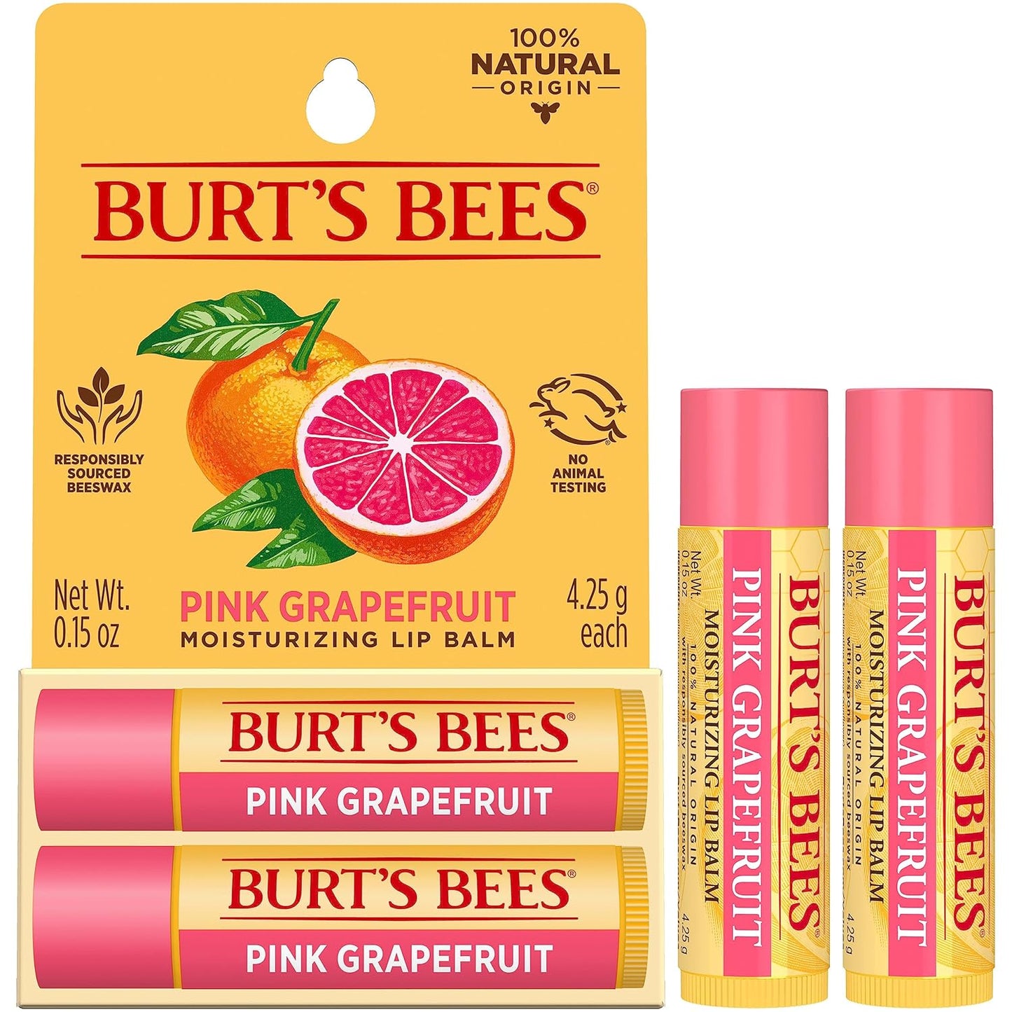 Burt's Bees Lip Balm Stocking Stuffers, Moisturizing Lip Care Christmas Gifts, Pink Grapefruit with Beeswax & Fruit Extracts, Natural Origin Treatment (2-Pack)