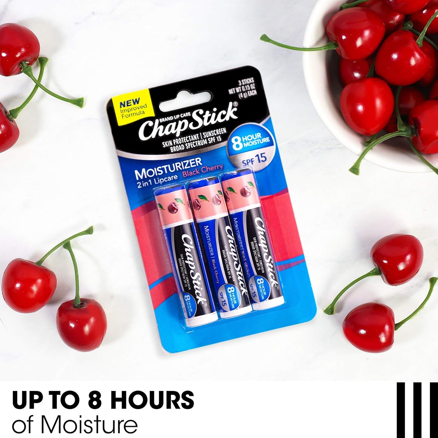 ChapStick Moisturizer 2-in-1 Lipcare SPF 15, Black Cherry, 3-Pack – Sunscreen Lip Balm with Aloe Vera and Vitamin E, 0.15 Oz Ea