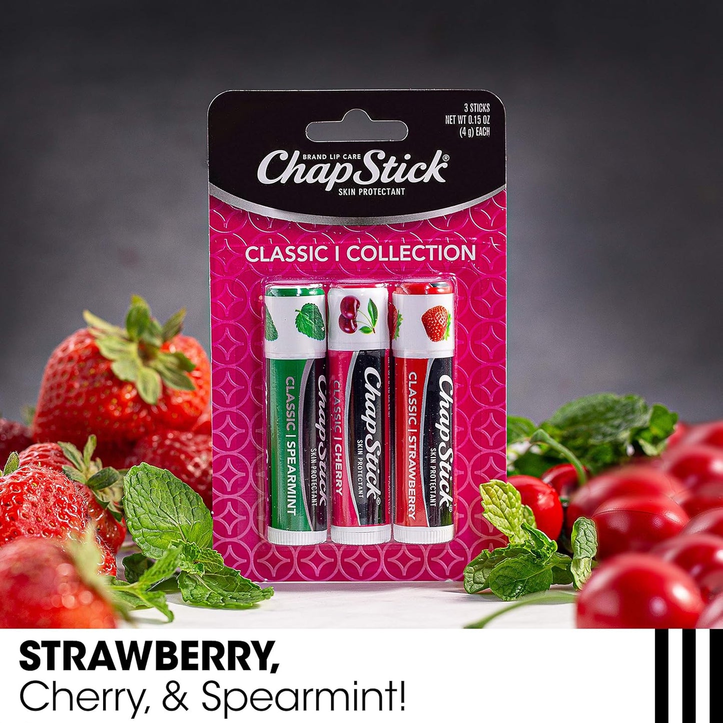 ChapStick Lip Care Set, Classic Collection 3-Pack – Spearmint, Cherry, and Strawberry Lip Balm, 0.15 Oz Ea
