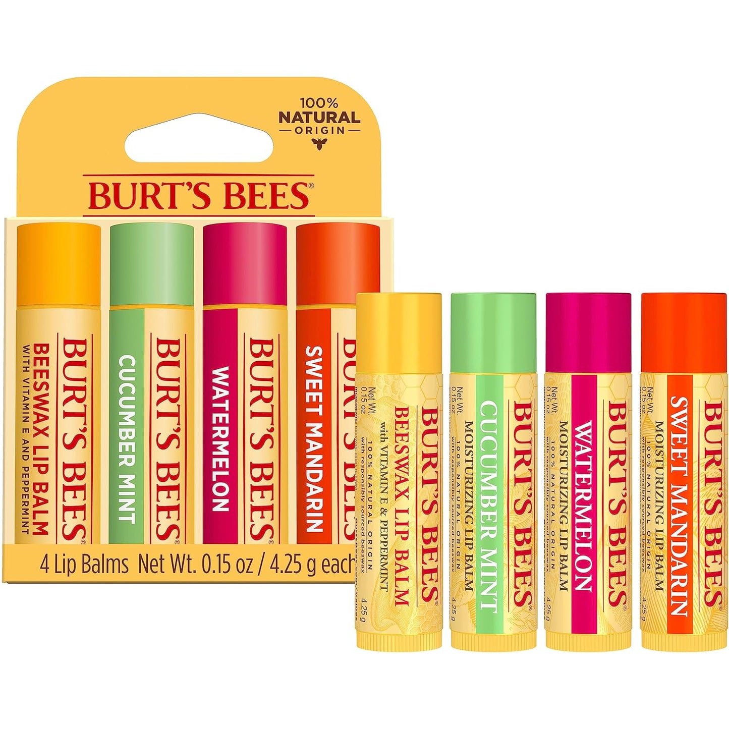 Burt's Bees Lip Balm Stocking Stuffers, Moisturizing Lip Care Christmas Gifts, Freshly Picked - Original Beeswax, Cucumber Mint, Watermelon, & Sweet Mandarin, Natural Origin Treatment (4-Pack)
