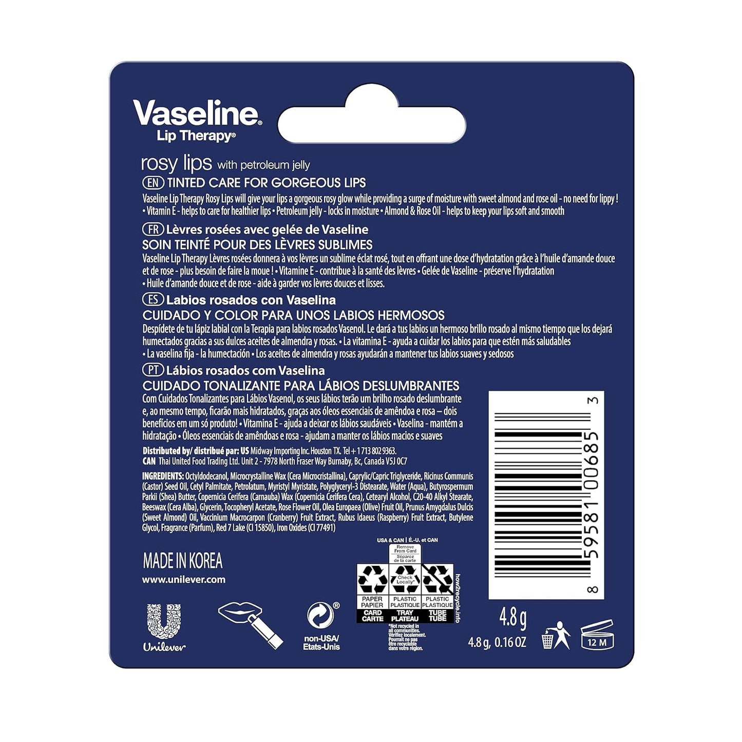 Vaseline Lip Therapy Care Rosy, Fast-Acting Nourishment, Ideal for Chapped, Dry, Cracked, or Damaged Lips, Lip Balm, 4-Pack, 0.16 Oz Each