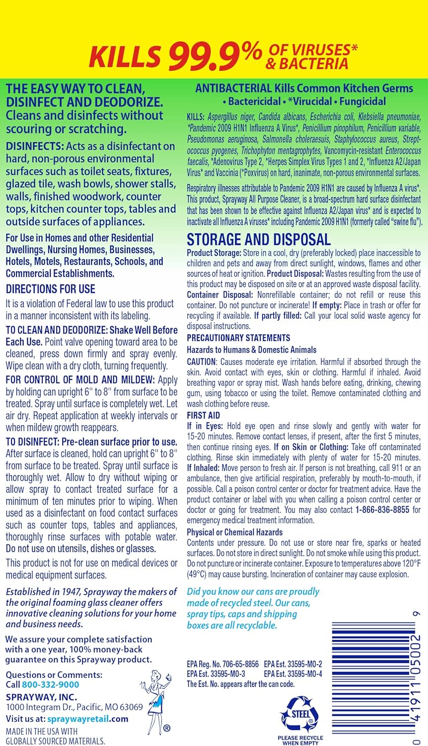 Sprayway SW5002R All Purpose Disinfectant Cleaner, Foaming Action, 19 Ounce