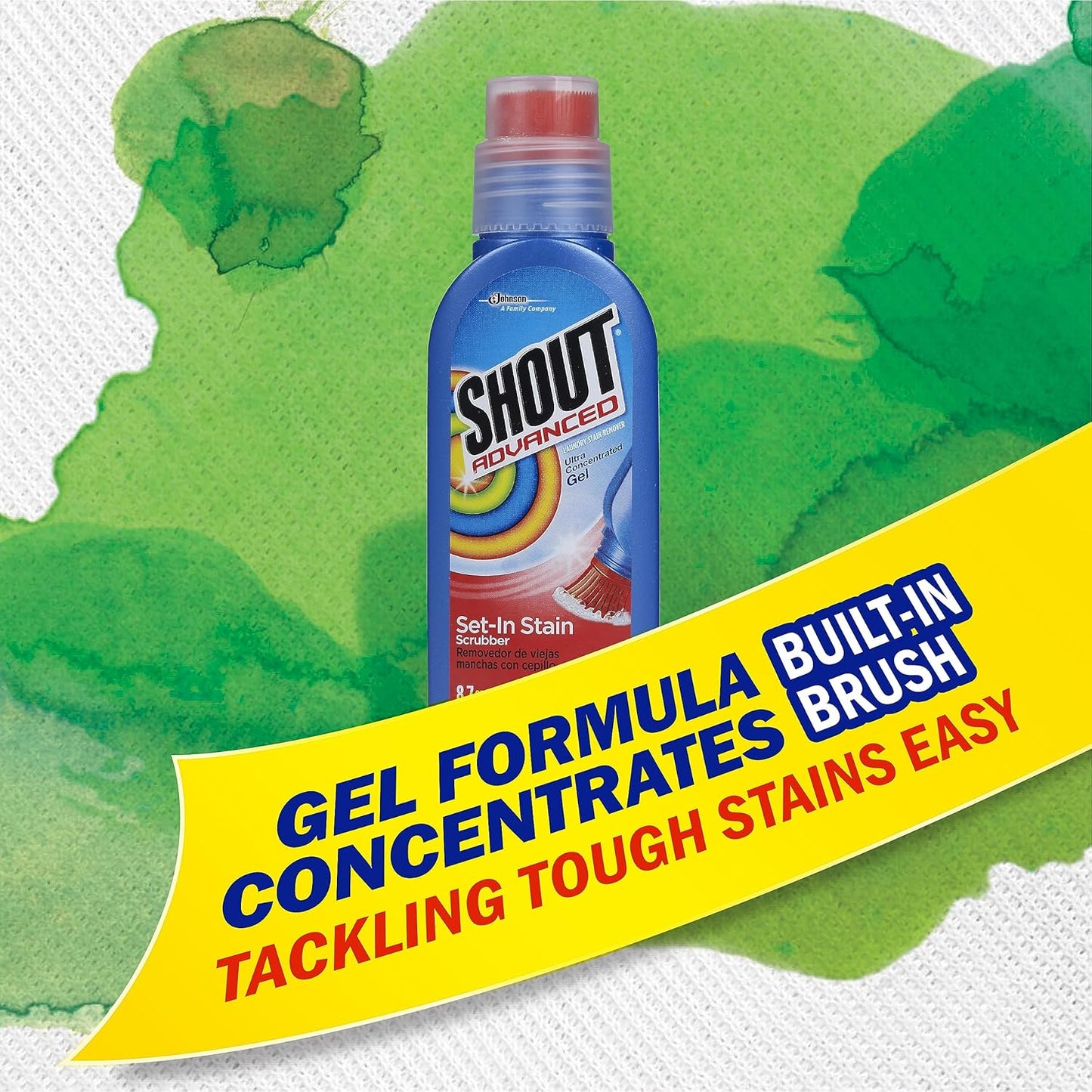 Shout Advanced Stain Remover Gel for Clothes Laundry, Ultra Concentrated Gel with Built-in Scrubber Brush for Deep Set-In stains, 8.7oz
