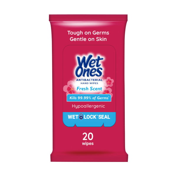 Wet Ones Antibacterial Fresh Scent Hand Wipes 20 Ct Travel Pack, Hypoallergenic, Kills Germs, Leaves Hands Feeling Clean