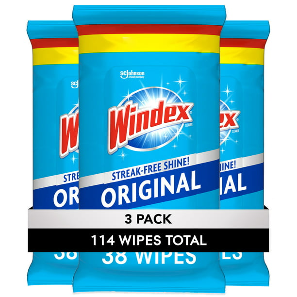 Windex Glass and Surface Pre-Moistened Wipes, Original, 38 Wipes, 3 Count Pack (114 Wipes Total)