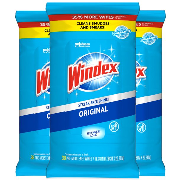 Windex Glass and Surface Pre-Moistened Wipes, Original, 38 Wipes, 3 Count Pack (114 Wipes Total)