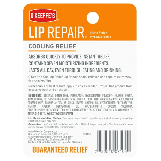 O'Keeffe's Lip Repair Cooling Moisturizing, Long-Lasting Matte Lip Balm, Clear, 0.15oz each, Twin pack