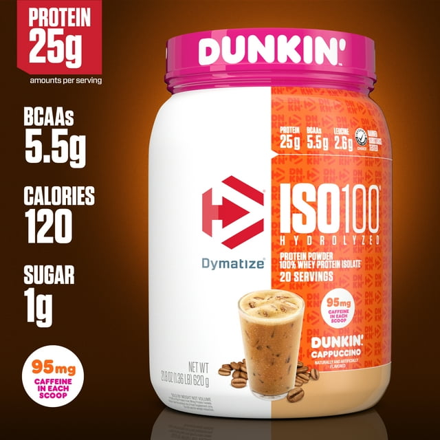 Dymatize ISO100 Hydrolyzed Whey Isolate Protein Powder, Dunkin' Cappuccino, 25g Protein, 20 Servings