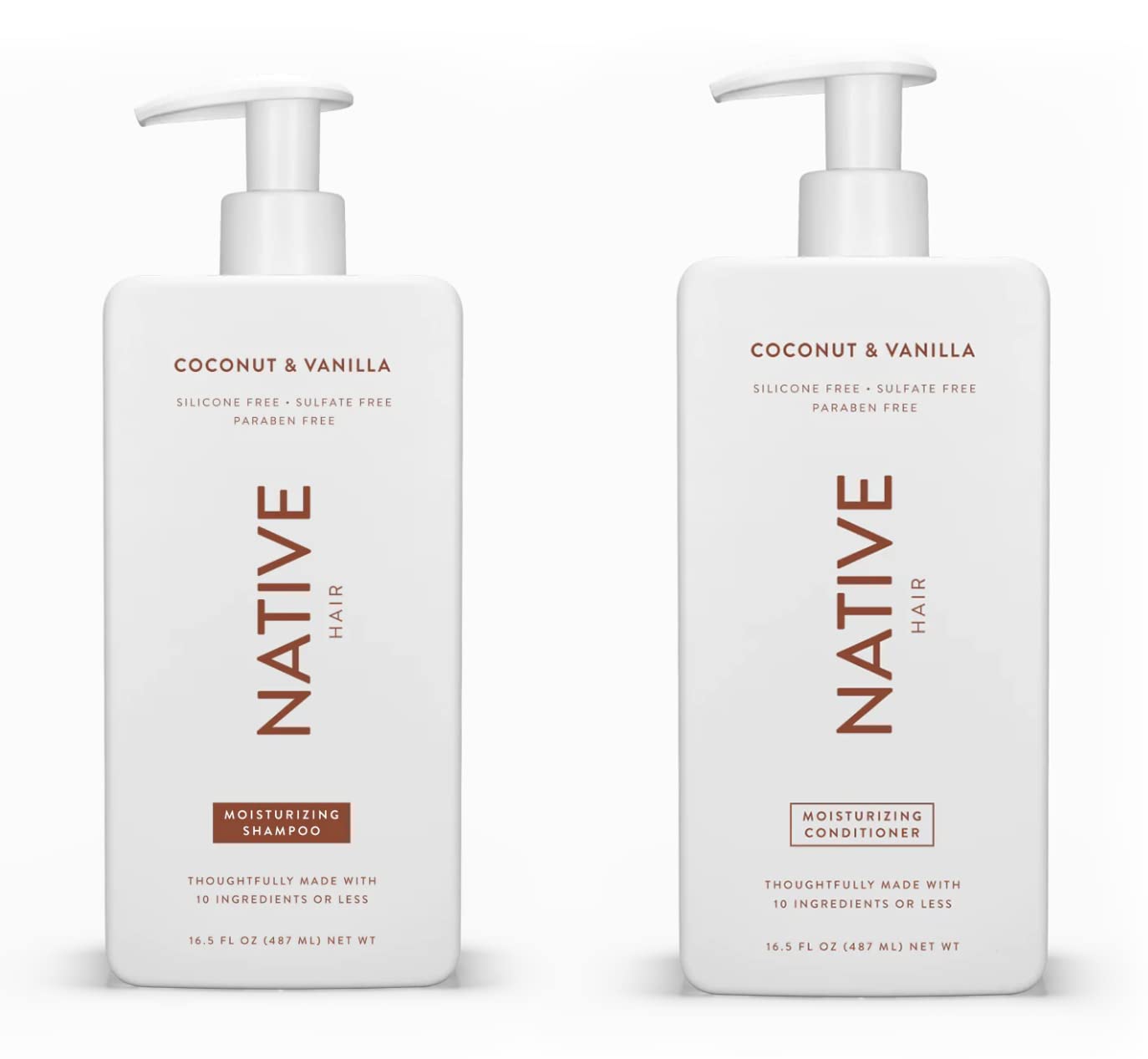 Native Shampoo and Conditioner Set | Sulfate Free, Paraben Free, Dye Free, with Naturally Derived Clean Ingredients| 16.5 oz (Coconut & Vanilla, Moisturizing), 2