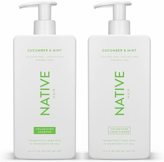 Native Shampoo and Conditioner Contain Naturally Derived Ingredients | All Hair Type Color & Treated From Fine to Dry Damaged, Sulfate & Dye Free - Cucumber & Mint, 16.5 fl oz each (2 pack)