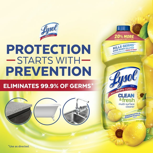 Lysol Multi-Surface Cleaner, Sanitizing and Disinfecting Pour, to Clean and Deodorize, Sparkling Lemon & Sunflower Essence, 48oz