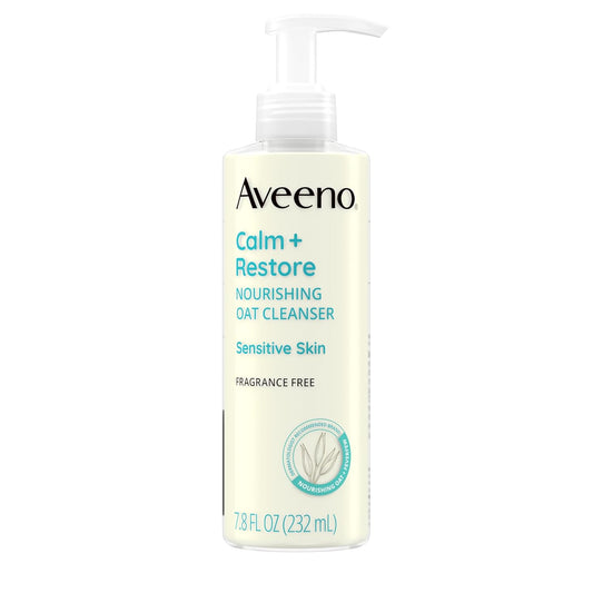 Aveeno Calm + Restore Facial Cleanser for Sensitive Skin, Hydrating Gentle Milky Face Cleanser with Nourishing Oat and Feverfew, Hypoallergenic Formula, Fragrance Free, 7.8 FL OZ