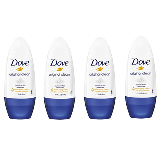 Dove Original Clean Roll On Deodorant, Aluminum Free, All Day Odor Protection, 4-Pack, 1.7 FL Oz Each, 4 Bottles