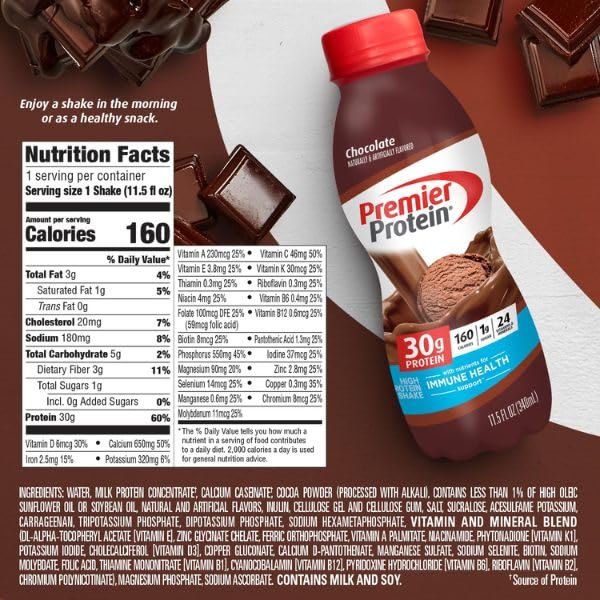 Premier Protein Shake, Chocolate, 30g Protein 1g Sugar 24 Vitamins Minerals Nutrients to Support Immune Health, 11.5 fl oz (Pack of 12)