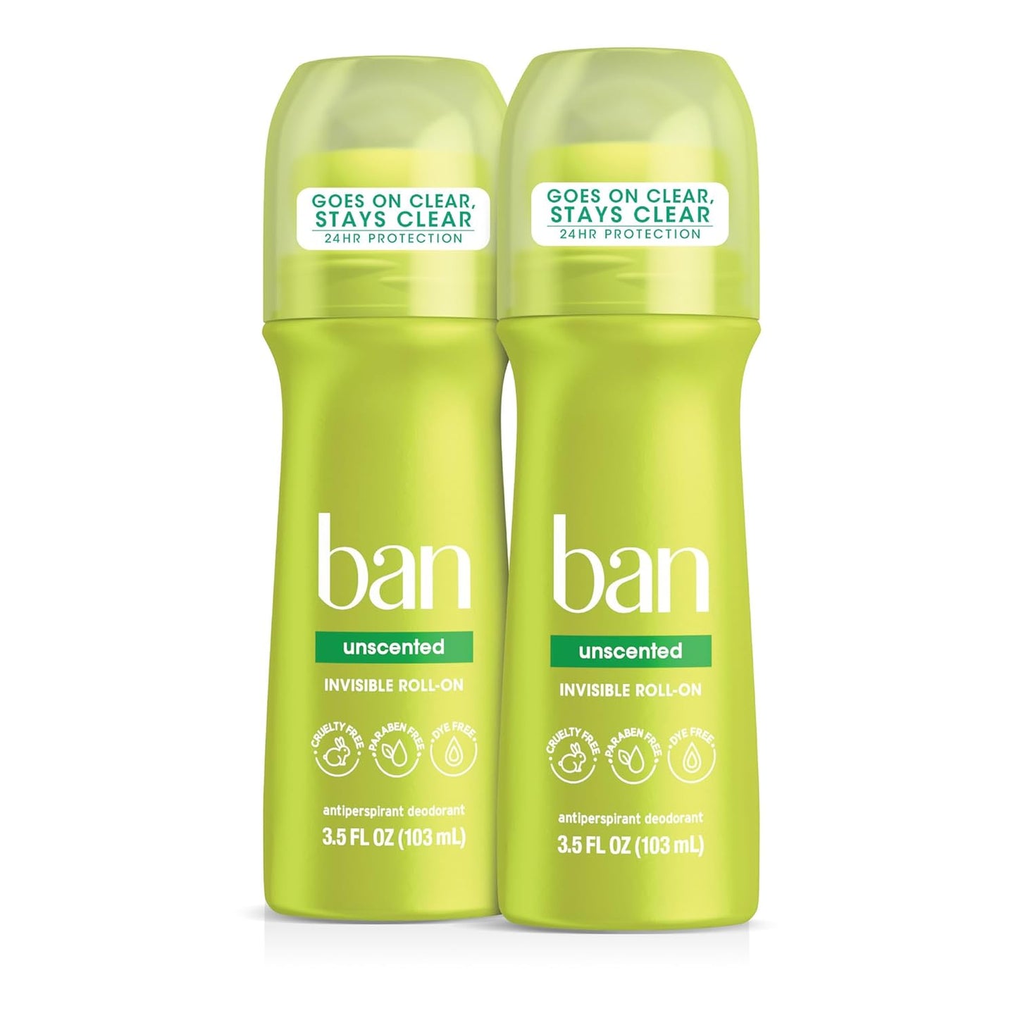 Ban Original Unscented 24-hour Invisible Antiperspirant, Roll-on Deodorant for Women and Men, Underarm Wetness Protection, with Odor-fighting Ingredients, 3.5 Fl Oz (Pack of 2)