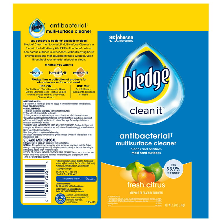 Pledge® Everyday Clean™ Multisurface Antibacterial Cleaner, Aerosol, Fresh Citrus, 9.7 Oz