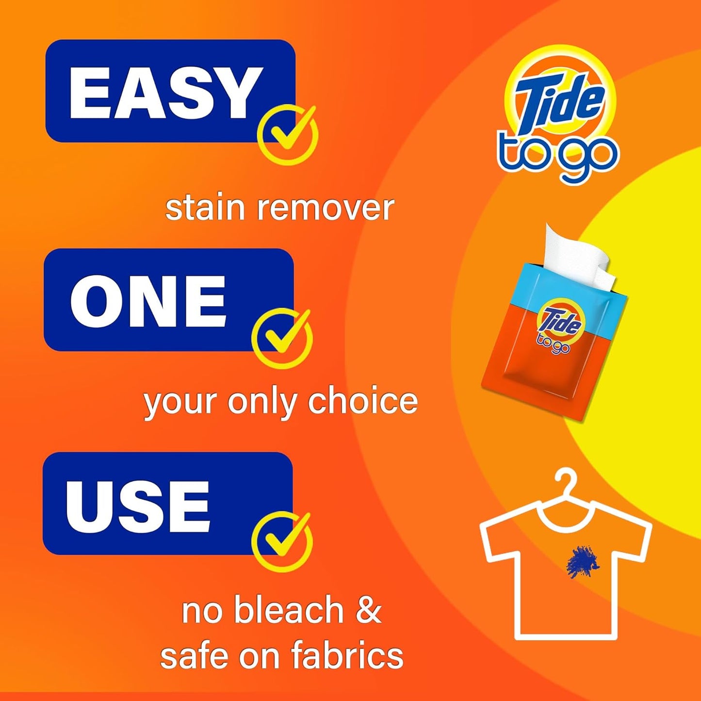 Tide Stain Remover for Clothes, Tide To Go Wipes, Instant Stain Remover for Clothes, Travel & Pocket Size, 20 Count