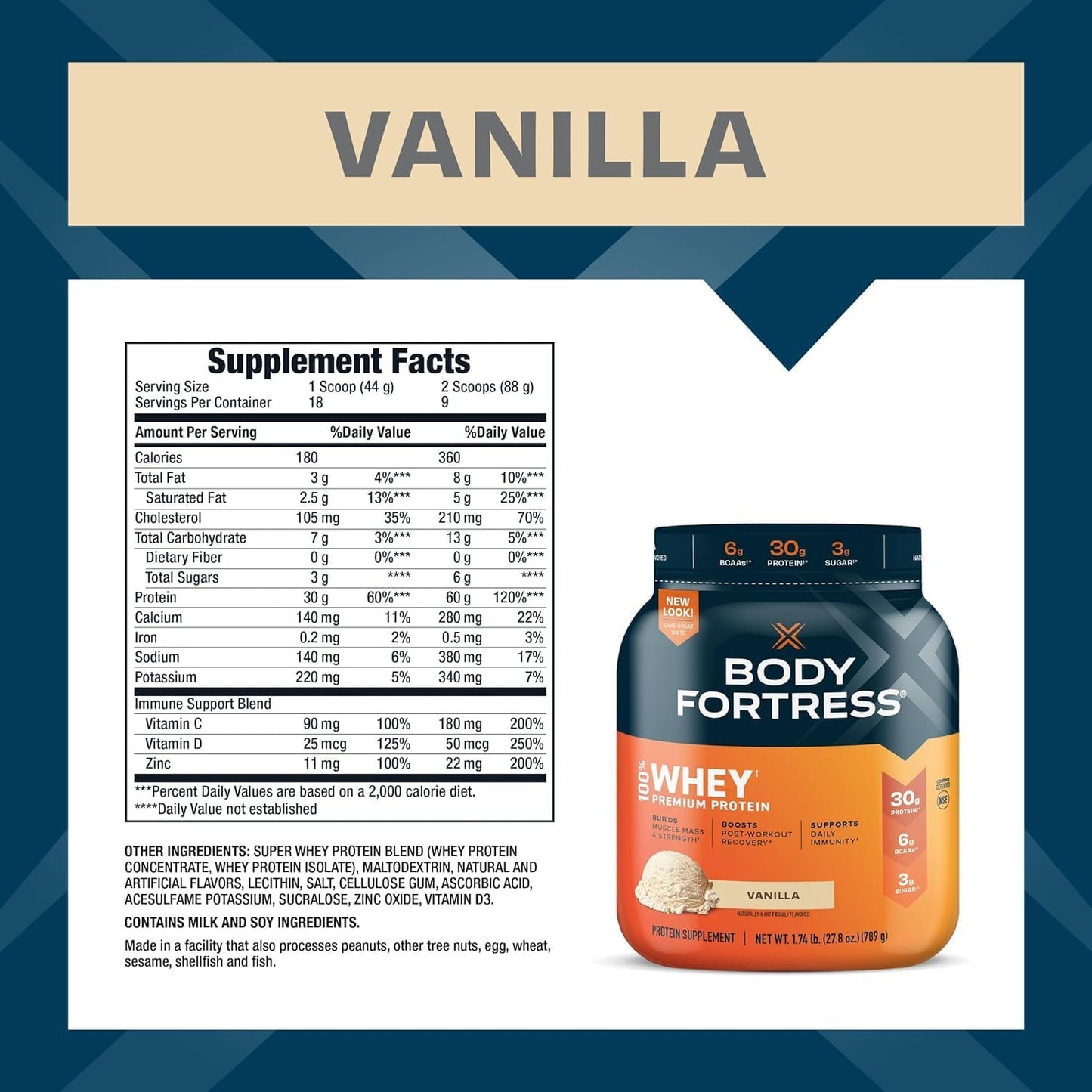 Body Fortress Super Advanced Whey Protein Powder, Vanilla, Immune Support (1), Vitamins C & D Plus Zinc, 1.74 lbs