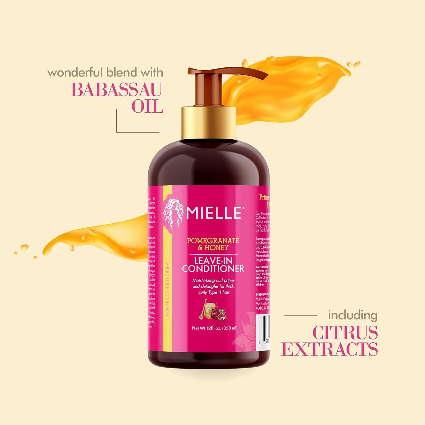 Mielle Organics Pomegranate & Honey Leave-In Conditioner, Moisturizing Curl Primer and Detangler, Repair Damage and Prevent Frizz, Treatment For Thick Curly Hair Type 4 Hair, 12-Fluid Ounces