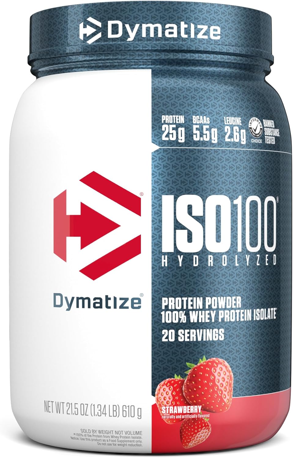 Dymatize ISO100 Hydrolyzed Protein Powder, 100% Whey Isolate Protein, 25g of Protein, 5.5g BCAAs, Gluten Free, Fast Absorbing, Easy Digesting, Strawberry, 20 Servings