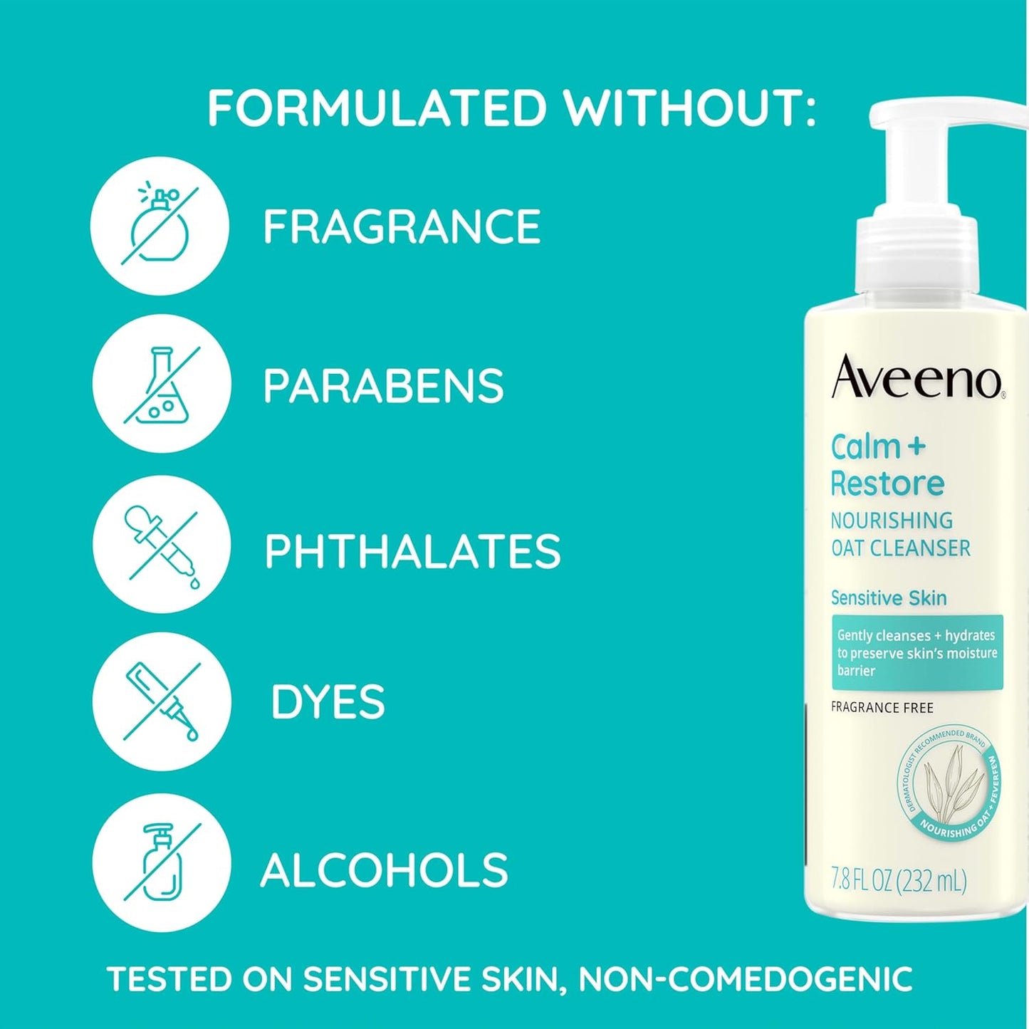 Aveeno Calm + Restore Facial Cleanser for Sensitive Skin, Hydrating Gentle Milky Face Cleanser with Nourishing Oat and Feverfew, Hypoallergenic Formula, Fragrance Free, 7.8 FL OZ