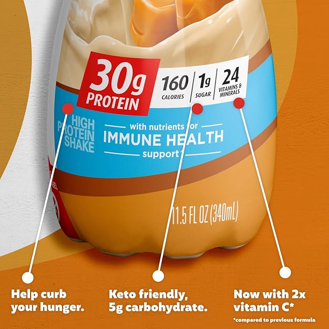 Premier Protein Liquid Protein Shake, Caramel, 30g Protein, 1g Sugar, 24 Vitamins & Minerals, Nutrients to Support Immune Health 11.5 fl oz Bottle (12 Pack)